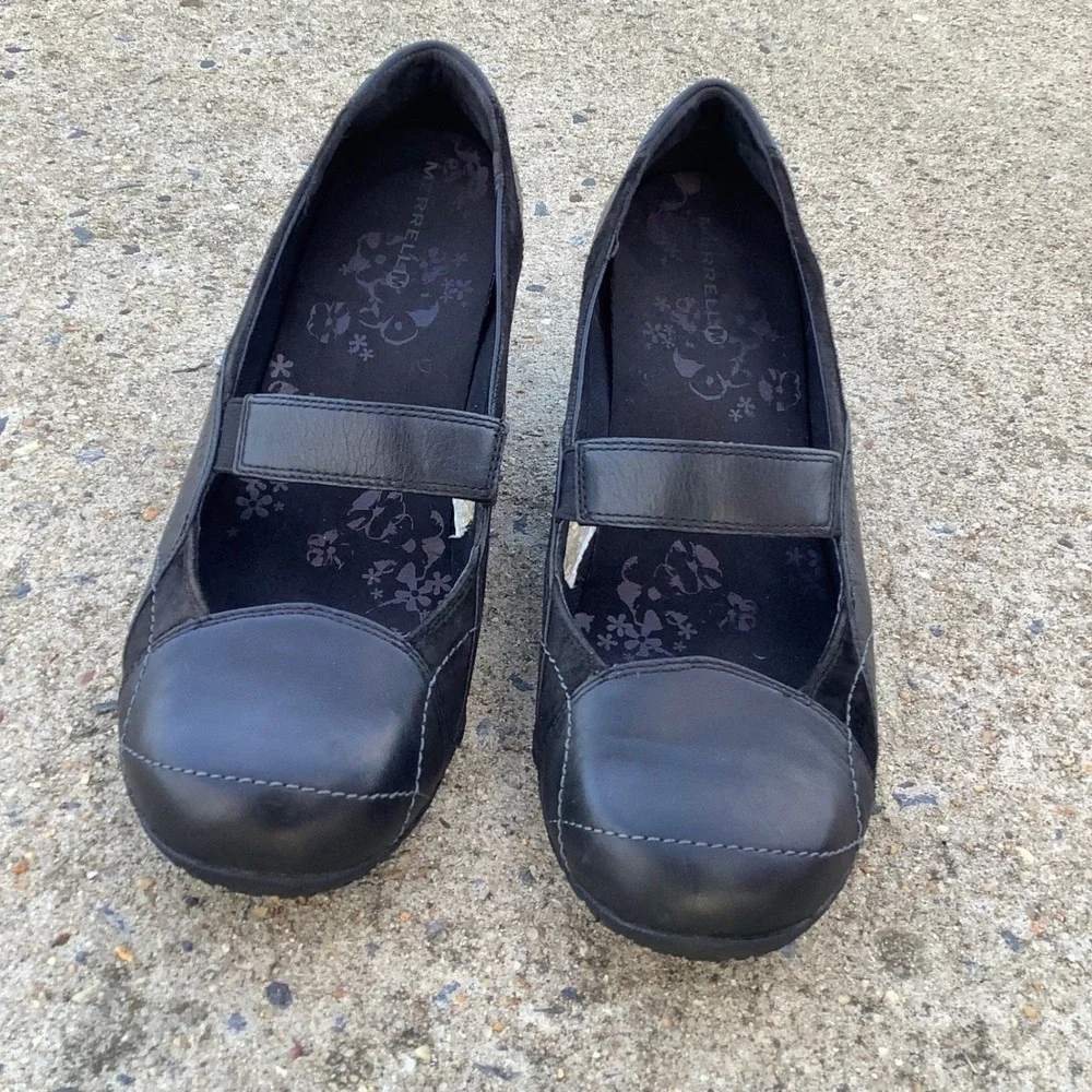 Merrell Orchid Black Leather Suede Mary Jane Wedge Shoes J46204 Vibram Womens 11